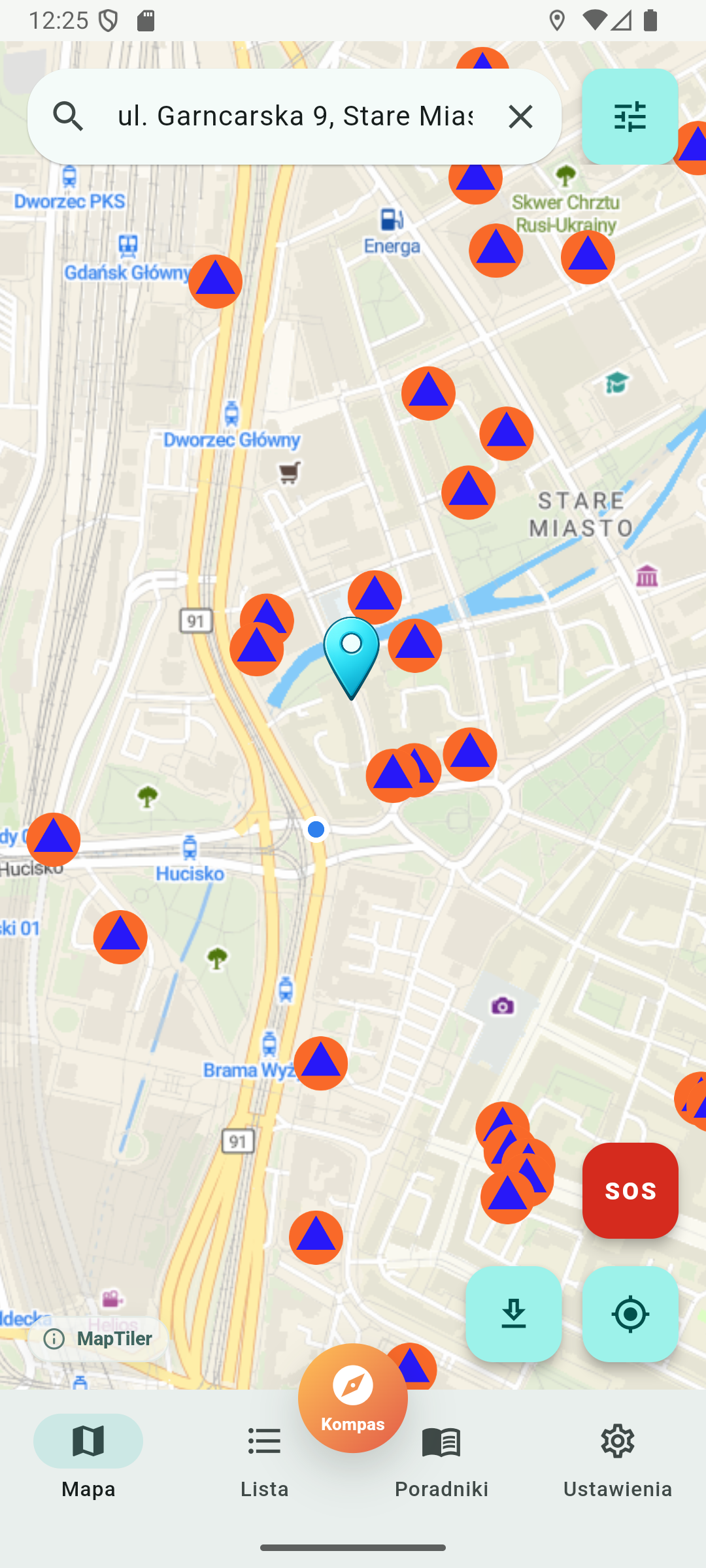 Mapa schronów w aplikacji Gdzie Schron z widokiem najbliższych schronów i szczegółów miejsca