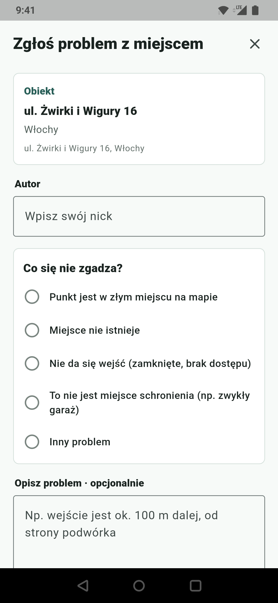 Formularz Zgłoś problem z miejscem w aplikacji Gdzie Schron z wyborem rodzaju problemu